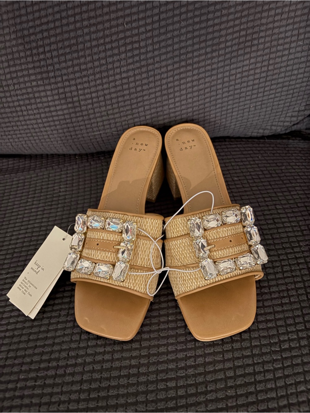 Women's Tan Jewel Buckle Slide Sandals